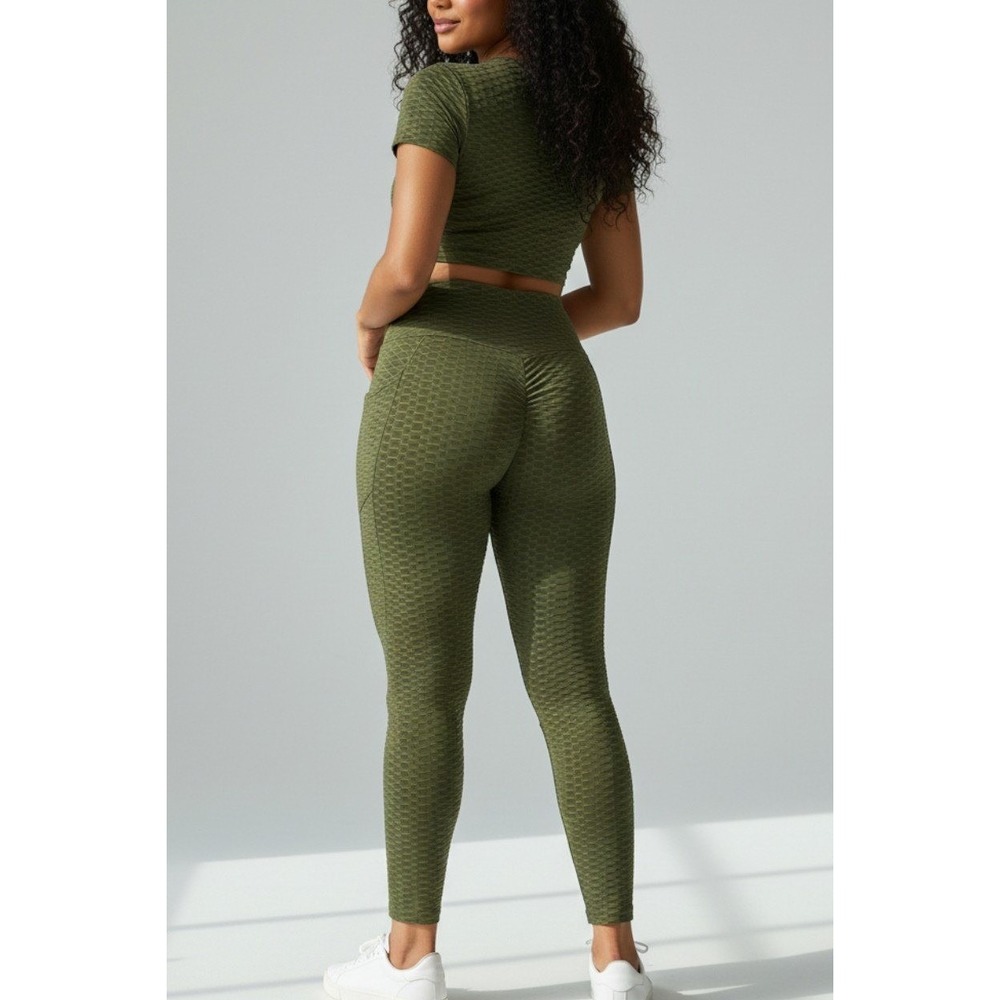 O to S Green Textured Leggings Excellent Fleece Lined Booty Scrunch Yoga Pants L